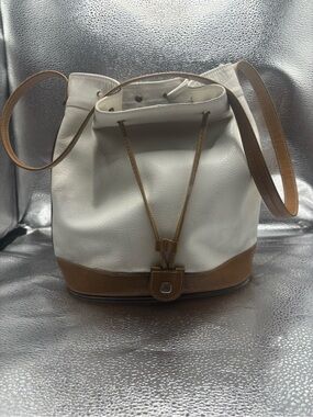 White and Tan Leather Drawstring Shoulder bucket Bag